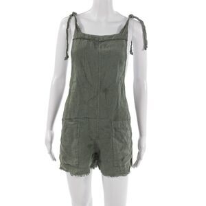 9seed Womens Linen Square Neck Tie Romper Sleeveless Green Petite Size S